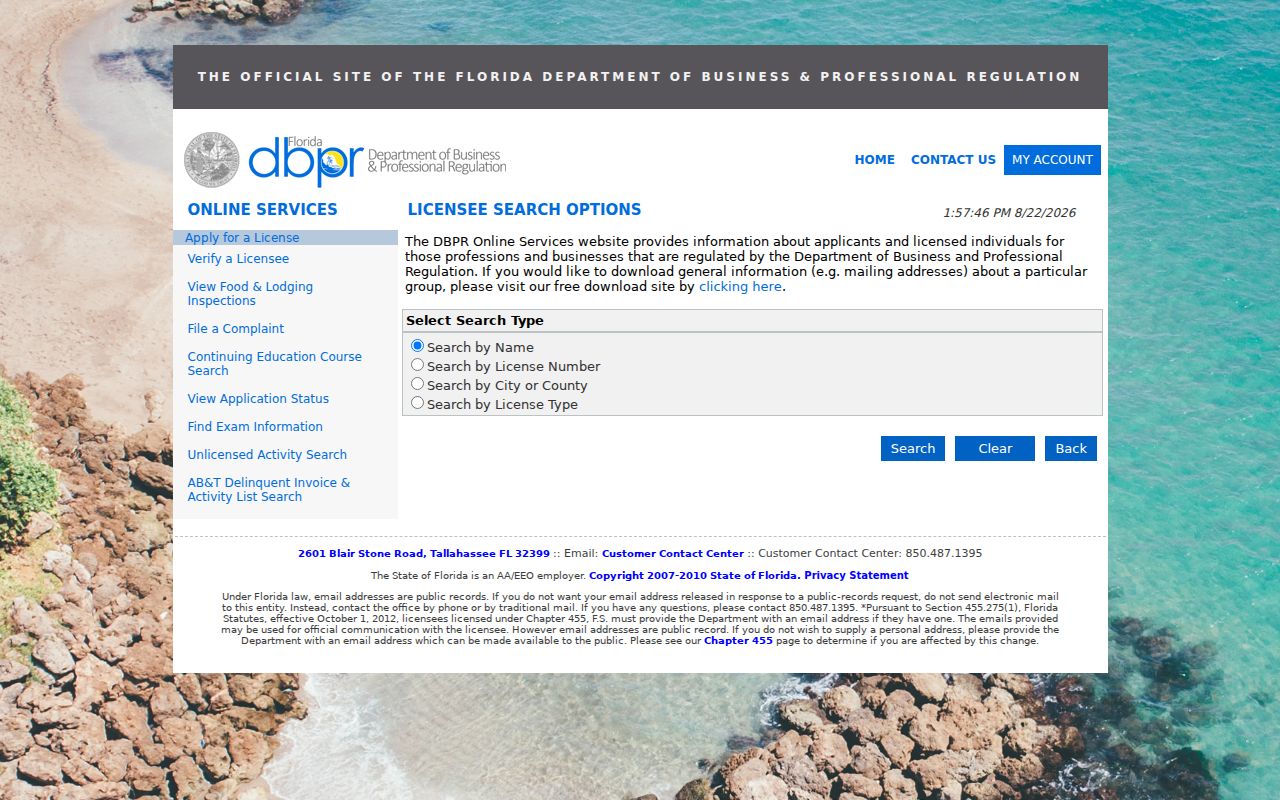 Greenacres resident lookup through the DBPR license search